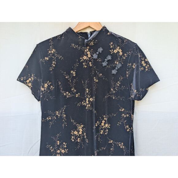 Amanda Smith Vintage 90s Black Velvet Cheongsam‎ Style Sheath Dress Sz 12P Midi - Picture 2 of 6